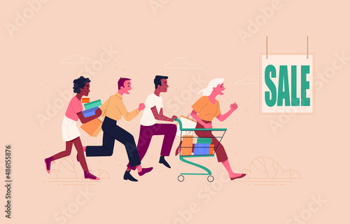 People shop online. Characters running towards discount. Unique and advantageous offer for clients. Sale, hot product and marketing gimmicks. Poster or banner. Cartoon flat vector illustration