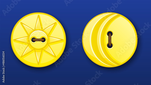 Set of two yellow plastic sewn on buttons with shadows. Sun, moon, day and night. Isolated on a blue background. Eps10 vector illustration.