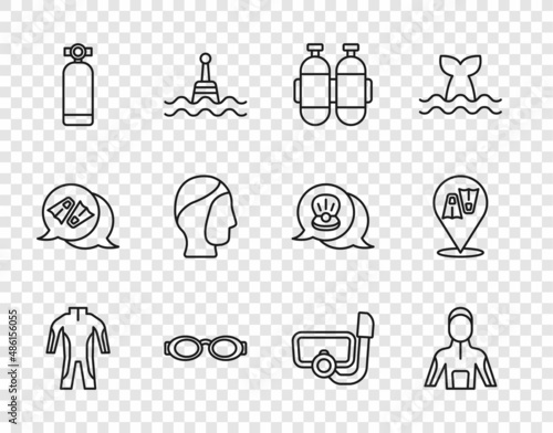 Set line Wetsuit for scuba diving, Aqualung, Glasses swimming, Diving hood, mask with snorkel and Flippers icon. Vector