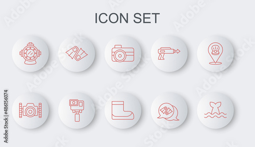 Set line Whale tail, Photo camera for diver, Flippers swimming, Aqualung, Action extreme and Boots icon. Vector