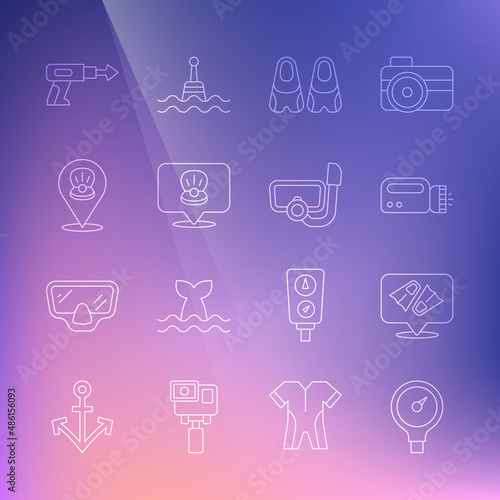 Set line Gauge scale, Flippers for swimming, Flashlight diver, Scallop sea shell, Fishing harpoon and Diving mask with snorkel icon. Vector