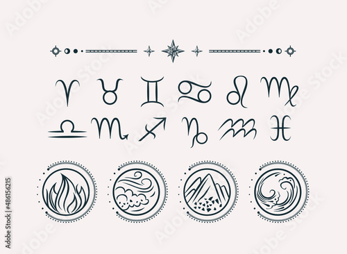 Zodiac signs in icons. Vector stylized symbols. The four natural elements of the horoscope