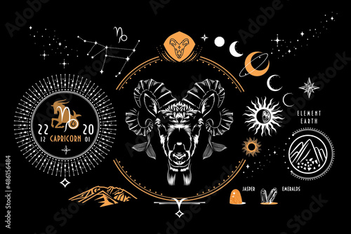 The astrological sign of the zodiac is Capricorn. Realistic drawing of a water goat on a dark background. Zodiac characteristics, stars, constellations, emerald and jasper, horoscope symbol