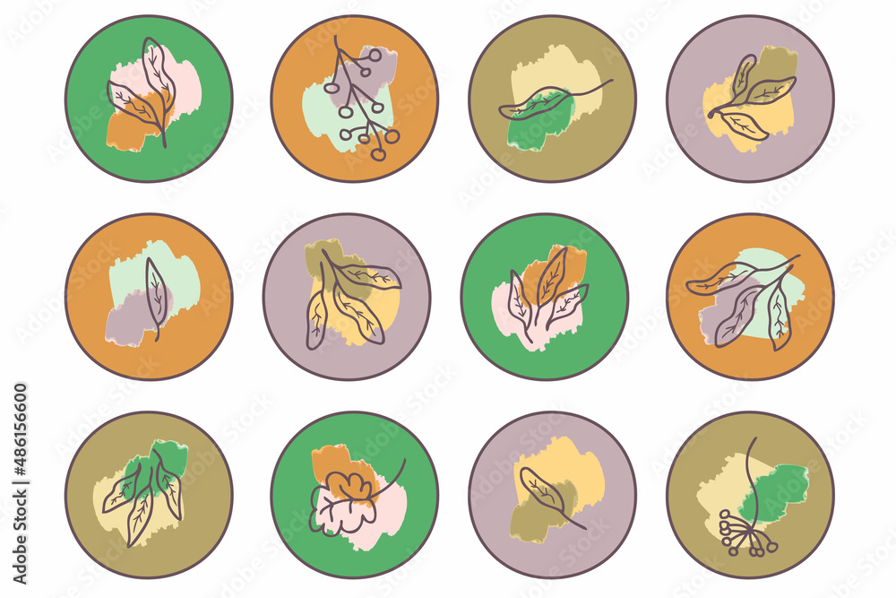 Colourful highlight icons set with doodle leaves and watercolour spots. Logo for boutique, floral shop, eco product. Hand drawn vector illustration for decor and design. Colourful highlight icons set with doodle leaves and watercolour spots. Logo for boutique, floral shop, eco product. Hand drawn vector illustration for decor and design.