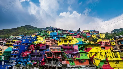 Time lapse view of the colourful Stobosa hillside homes  in La Trinidad, Benguet Province, Luzon Island, Philippines. photo