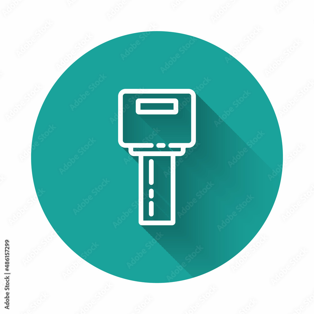 White line Car key with remote icon isolated with long shadow. Car key and alarm system. Green circle button. Vector White line Car key with remote icon isolated with long shadow. Car key and alarm system. Green circle button. Vector