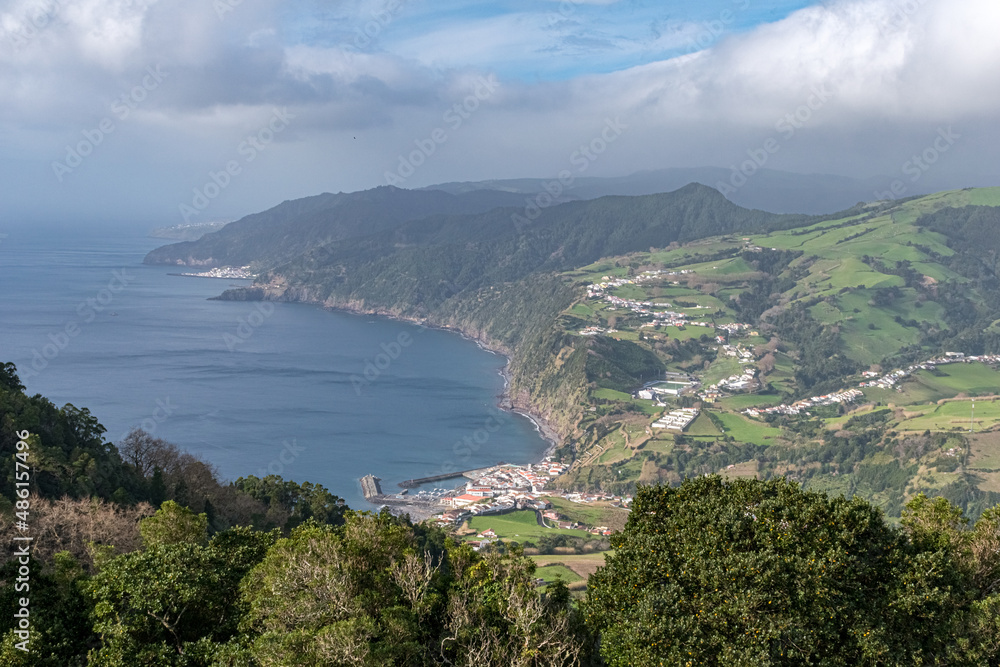 Panoramic view of the southern coastline of Sao Miguel island, with Provoacao in the foreground (Azores, Portugal)