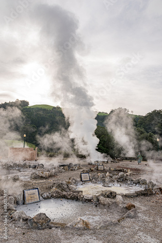 Steamy fumaroles and hot springs in Furnas, in the Sao Miguel island (Azores, Portugal)
