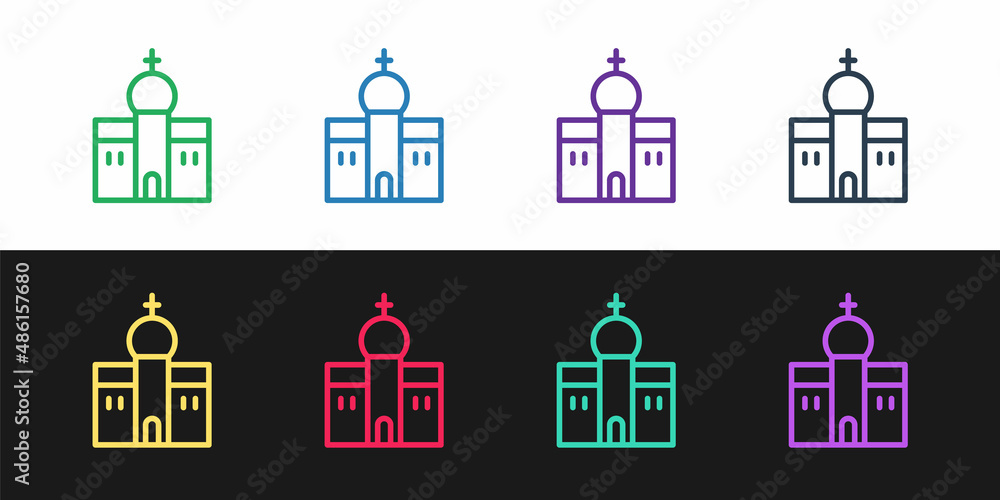 Set line Church building icon isolated on black and white background. Christian Church. Religion of church. Vector