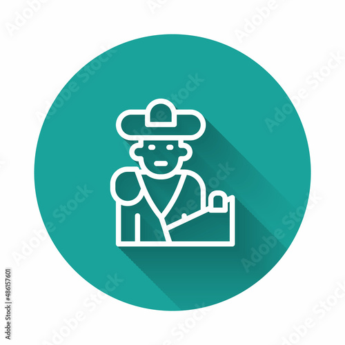White line Spain bullfight, matador icon isolated with long shadow. Traditional Spanish entertainment. Green circle button. Vector