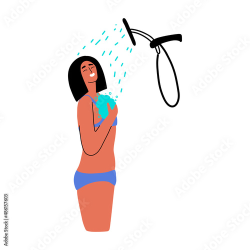 The girl washes in the shower with a washcloth in her hand. A tanned woman refreshes herself under a cold stream of water from the summer heat. Vector illustration in flat style