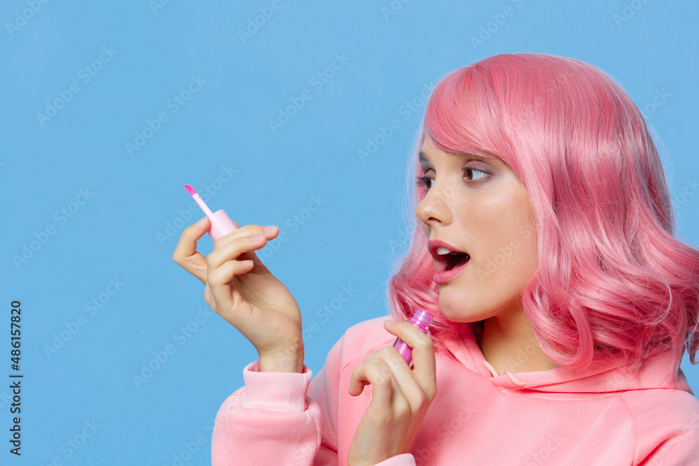 Obraz premium woman lip gloss makeup pink hair Lifestyle fashion