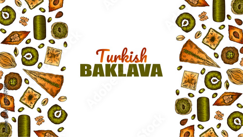 Sketch drawing template of colorful Turkish baklava isolated on white background. Hand drawn poster for oriental sweets packaging. Baked Arabic dessert with pistachio, almond. Vector illustration.