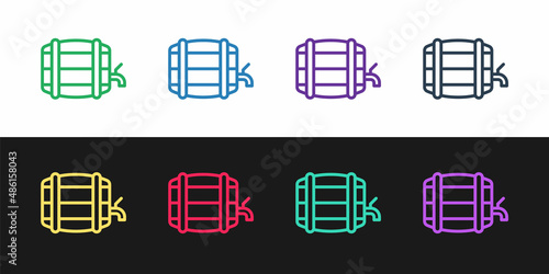 Set line Wooden barrel on rack with stopcock icon isolated on black and white background. Vector