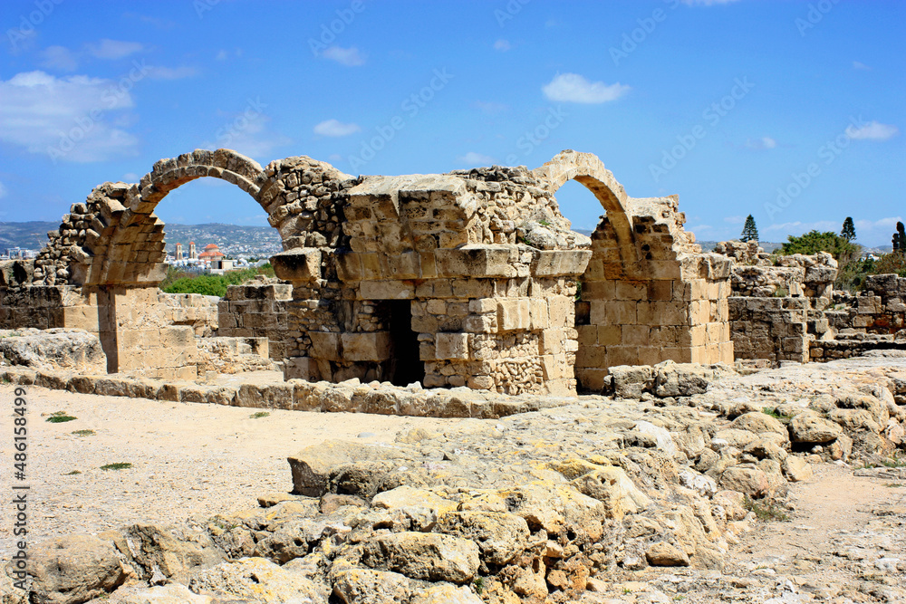 View at the Saranda Kolones ruins in Paphos Archaeological Park on the island of Cyprus, Mediterranean coast, Republic of Cyprus