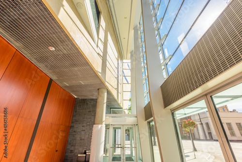 Abstract fragment of architecture of modern lobby, hallway of the luxury hotel, shopping mall, business center in Vancouver, Canada. Interior design.