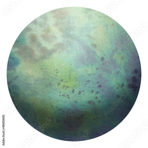 Mars Planet Paint. Texture in a circle similar to a planet, isolated on a white background. Fantastic green planet painted in watercolor.
