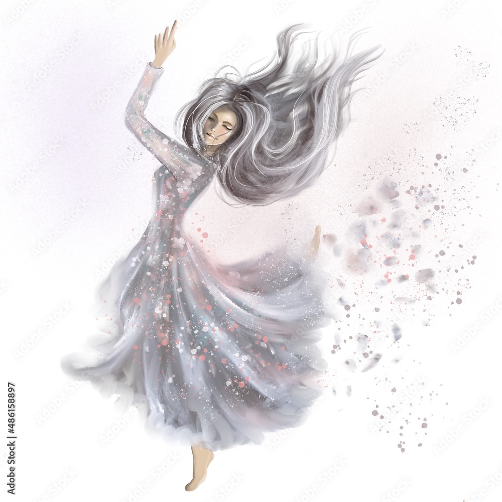 Fototapeta premium Dancing woman in beautiful dress with flowers illustration