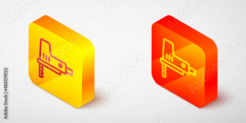Isometric line Electric jigsaw with steel sharp blade icon isolated on grey background. Power tool for woodwork. Yellow and orange square button. Vector