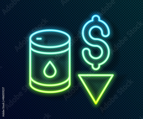 Glowing neon line Drop in crude oil price icon isolated on black background. Oil industry crisis concept. Vector