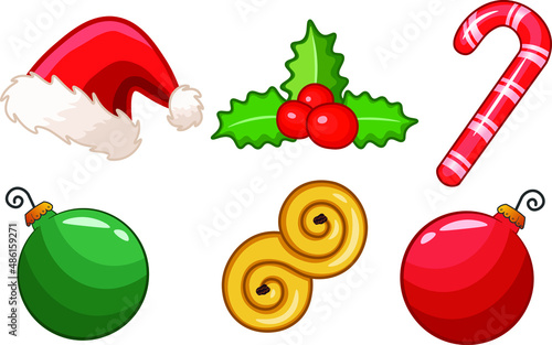 Set of cartoon christmas and holiday objects such as santa hat, saffron bun, baubles, mistletoe and candy cane.