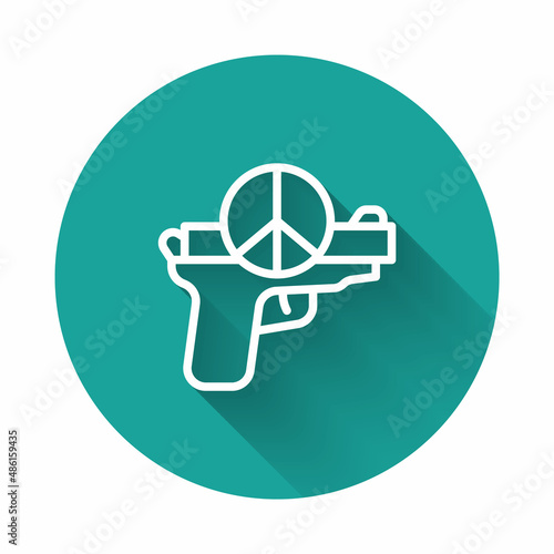 White line No war icon isolated with long shadow background. The peace symbol. Green circle button. Vector