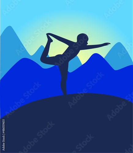Yoga at sunrise with mountains in the background. Natarajasana asana. Silhouette of a person practicing yoga. International Yoga Day on 21st June. Vector illustration