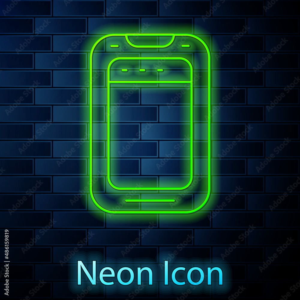 Glowing neon line Smartphone, mobile phone icon isolated on brick wall background. Vector Glowing neon line Smartphone, mobile phone icon isolated on brick wall background. Vector