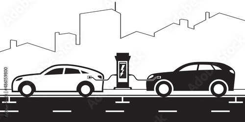 Electric vehicles at charging station on street in town – vector illustration