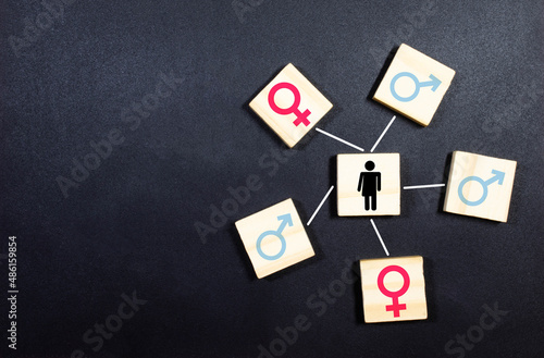 Symbols for feminine and masculine on wooden cubes, pink and blue colored background, stereotype