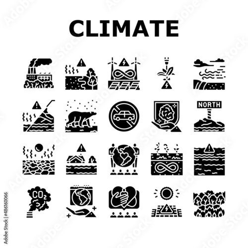 Climate Change And Eco Problem Icons Set Vector. Nature Care Day And Conservation World, Desertification And Renewable Energy, Climate Change And Glacier Melt Glyph Pictograms Black Illustrations