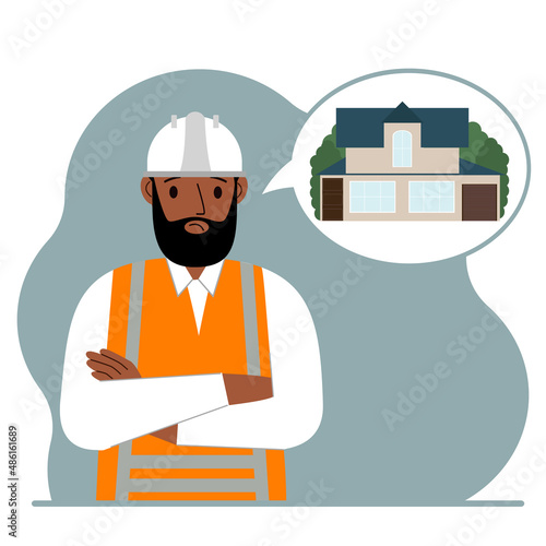 The constructor is thinking about building a house. A sad man in a hardhat and a vest is planning a work process. Engineer, house construction concept.