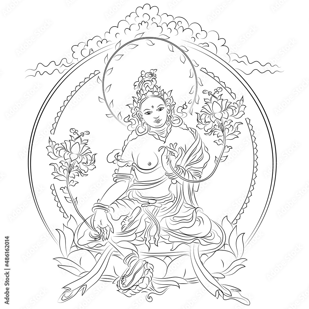 Tibetan buddhism icon of green tara sitting on lotus with lotuses in hands outline black white vector illustration Tibetan buddhism icon of green tara sitting on lotus with lotuses in hands outline black white vector illustration
