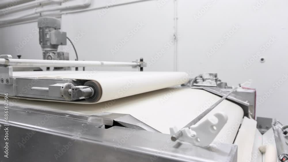 Automated production line at the bread factory. Raw loaves of bread on the conveyor line ready for baking in the oven. High quality 4k footage Automated production line at the bread factory. Raw loaves of bread on the conveyor line ready for baking in the oven. High quality 4k footage