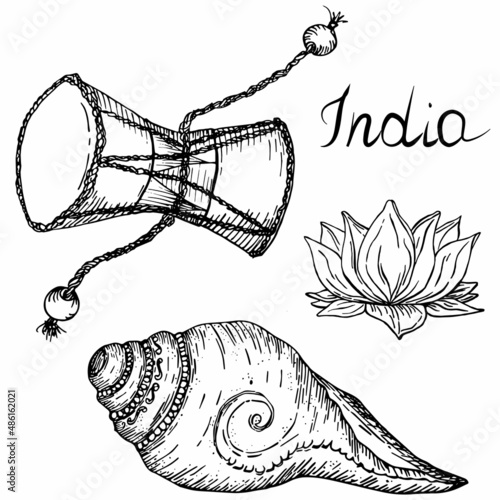 Indian hinduism icons religion of vishnu shiva gods, lotus, damaru, shankha