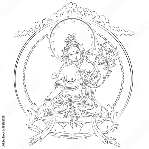 Tibetan buddhism icon of white tara sitting on lotus with lotus in hands outline black vector illustration photo