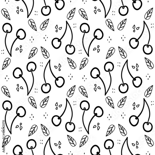 Sweet cherry repeating pattern. Seamless texture with wild berries. Summer motives with fresh healthy food ingredients