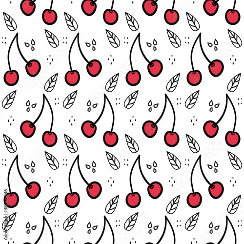 Sweet cherry repeating pattern. Seamless texture with wild berries. Summer motives with fresh healthy food ingredients
