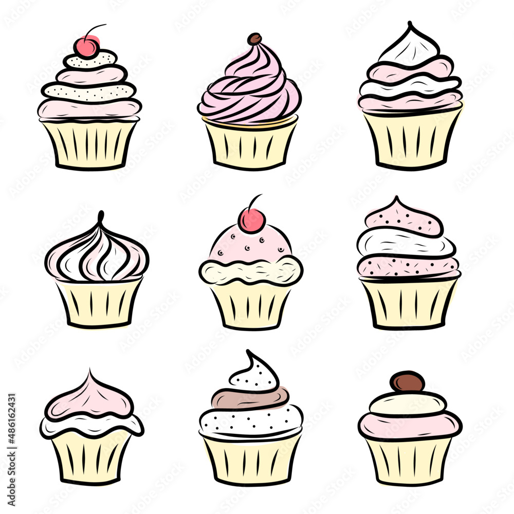 set of cream pies decorated with cherries and candles, birthday celebration, heart-shaped cherry, Valentines day card, isolated on white background, multicolored fill set of cream pies decorated with cherries and candles, birthday celebration, heart-shaped cherry, Valentines day card, isolated on white background, multicolored fill