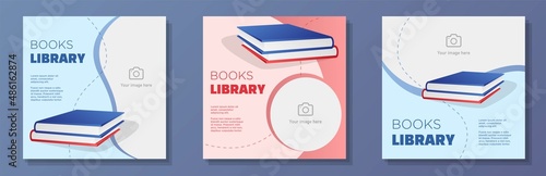 Book library social media post, square banner set, reading hobby advertisement concept, learning education marketing ad, abstract modern flyer, isolated on background