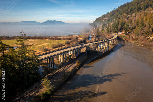 Aerial View of Chuckanut Drive and the Blanchard Bridge in the Skagit Valley. Chuckanut Drive is Washington State's original scenic byway and was completed in 1896 and follows Samish Bay to Bellingham