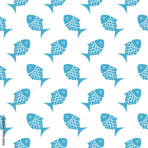 Scandinavian blue fish folk art pattern. Nautical decor background.