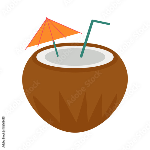 Coconut with umbrella and straw on a white background