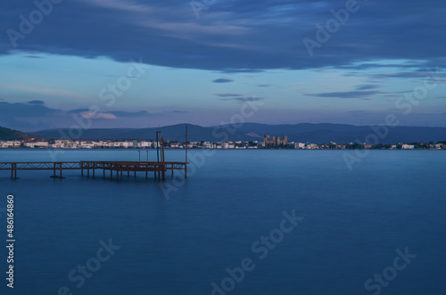 long exposure, pier at sunset and candarli castle