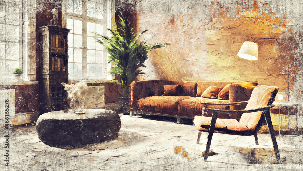 Obraz premium Modern beautiful interior of the room with colored walls, large windows and stylish furniture. The image is stylized as an oil painting. Bright and stylish design. 3D rendering