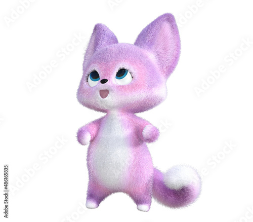 3D rendering of an adorable happy cute furry Pink Fox  isolated in white background