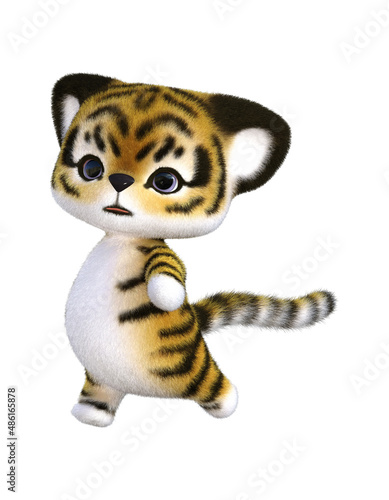 Fototapeta Naklejka Na Ścianę i Meble -  3D rendering of an adorable happy cute furry tiger isolated in white background