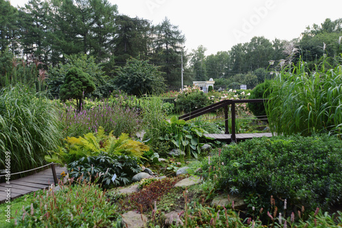 Beautiful garden in the park landscape view, natural seasonal background