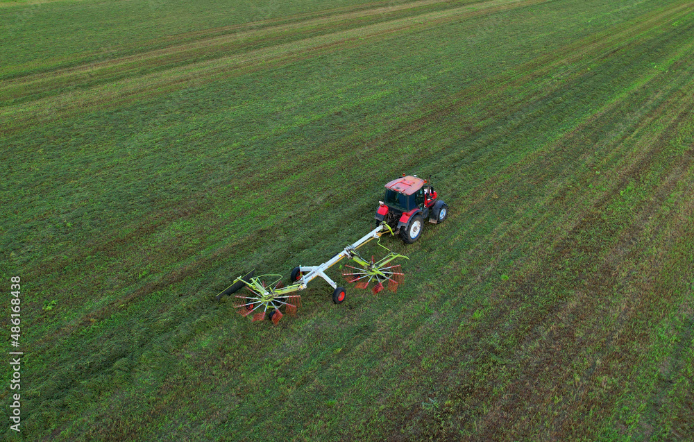 Foto de Tractor raking grass for silage harvesting. Agriculture farm ...