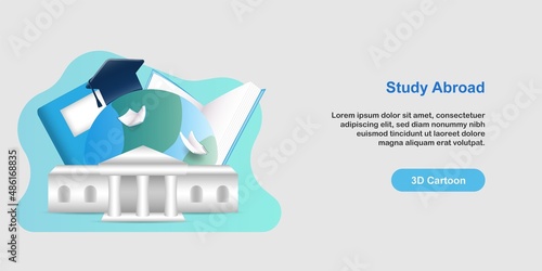 3D cartoon style. College university study abroad concept. School building with earth globe, cap graduation and book.